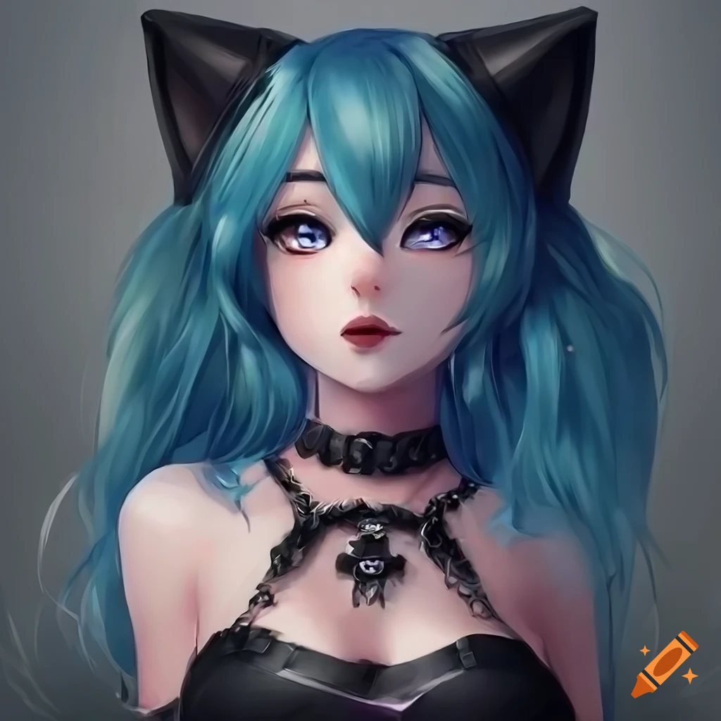 Portrait of mid body of cuttest gothic cat furry girl with blue and ...
