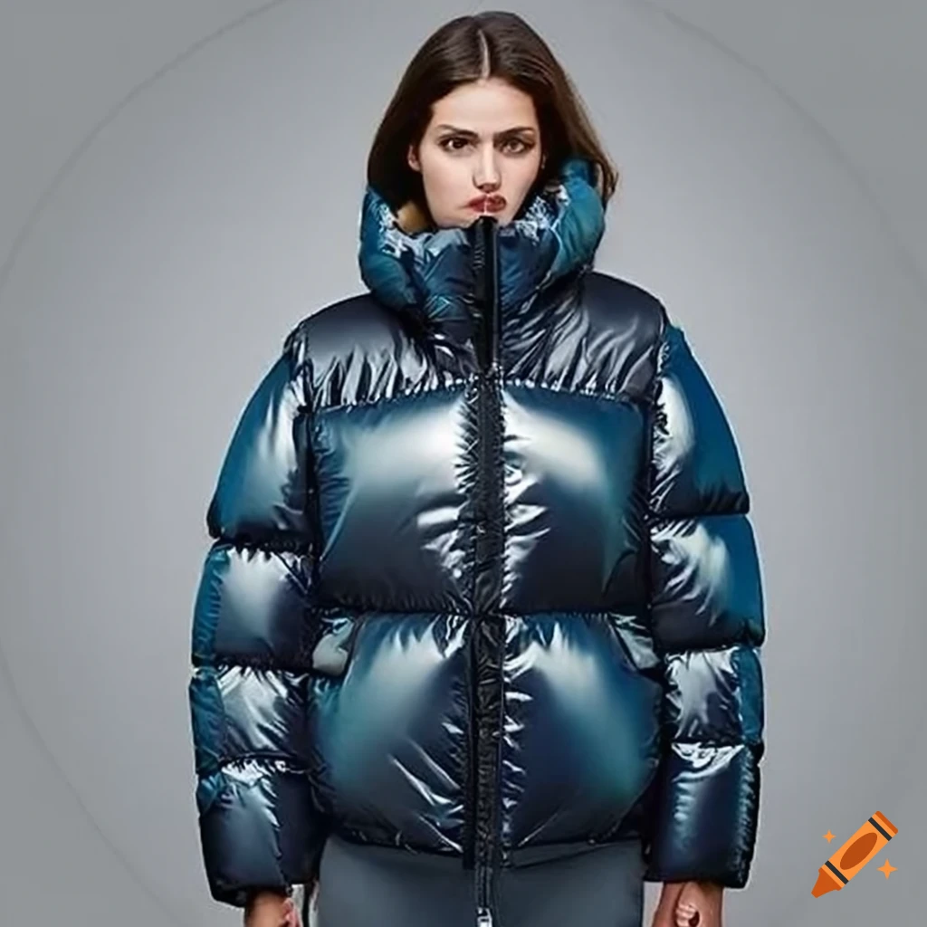 Realistic photo of a woman wearing a big, shiny ,inflatable, oversized and  fat bubble hooded puffer jacket, designed by moncler and balenciaga, her  hood is snugly tight to her head and has