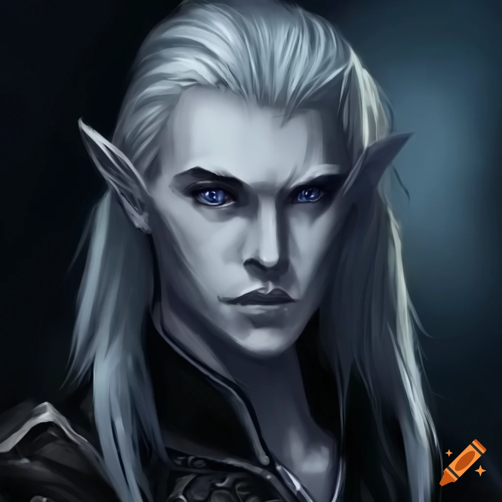Male half dark elf blue eyes and silver long hair