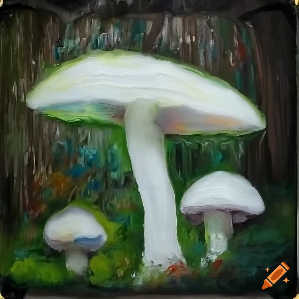 White fungus. closeup. forest. oil painting. very detailed drawing