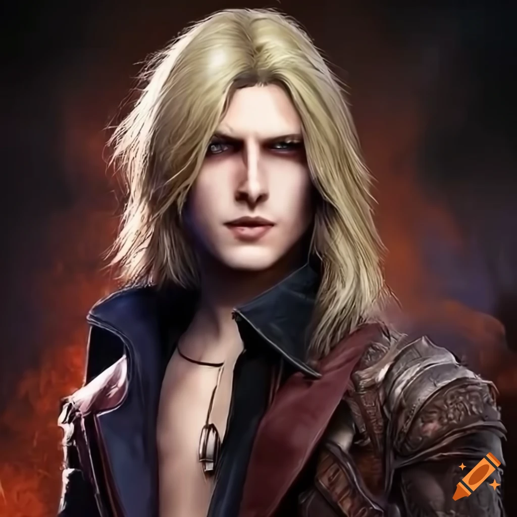 Cody fern with long blonde majestic hair cosplsying as dante from devil may  cry 3 ,ultra realistic, dark castle background, hd