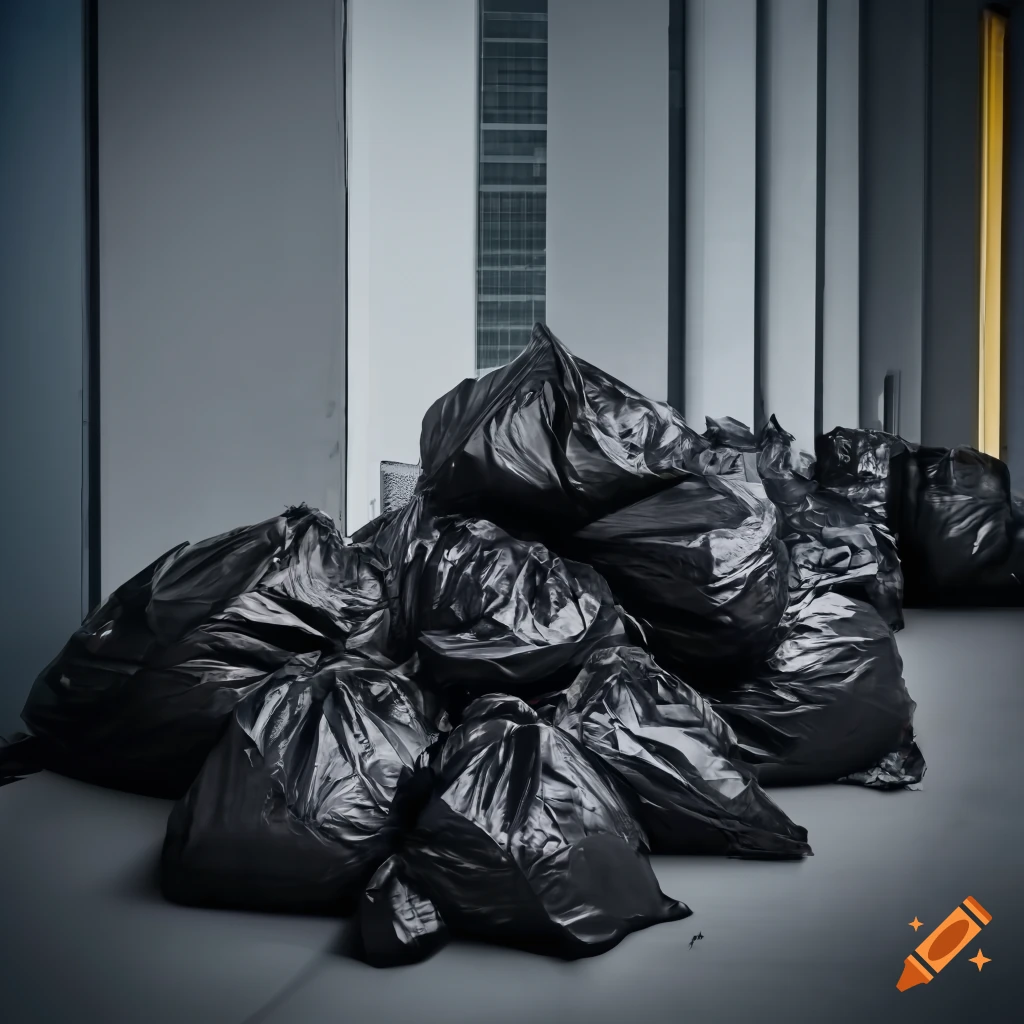 An pile of 9 black garbage bags piled on the floor of a corporate office  building, modern office building in the background , studio lighting, sharp  focus, ambient occlusion on Craiyon