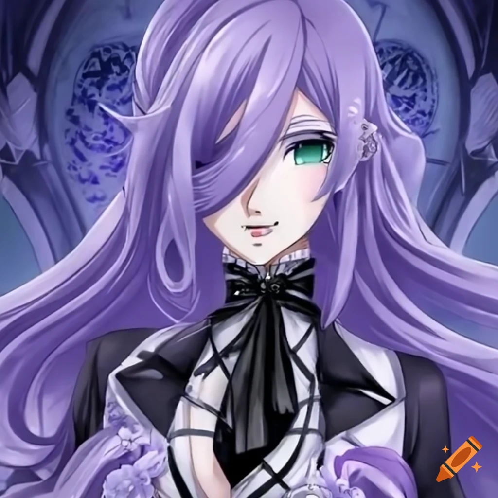 Femme fatale heroine with light lilac hair in black butler anime