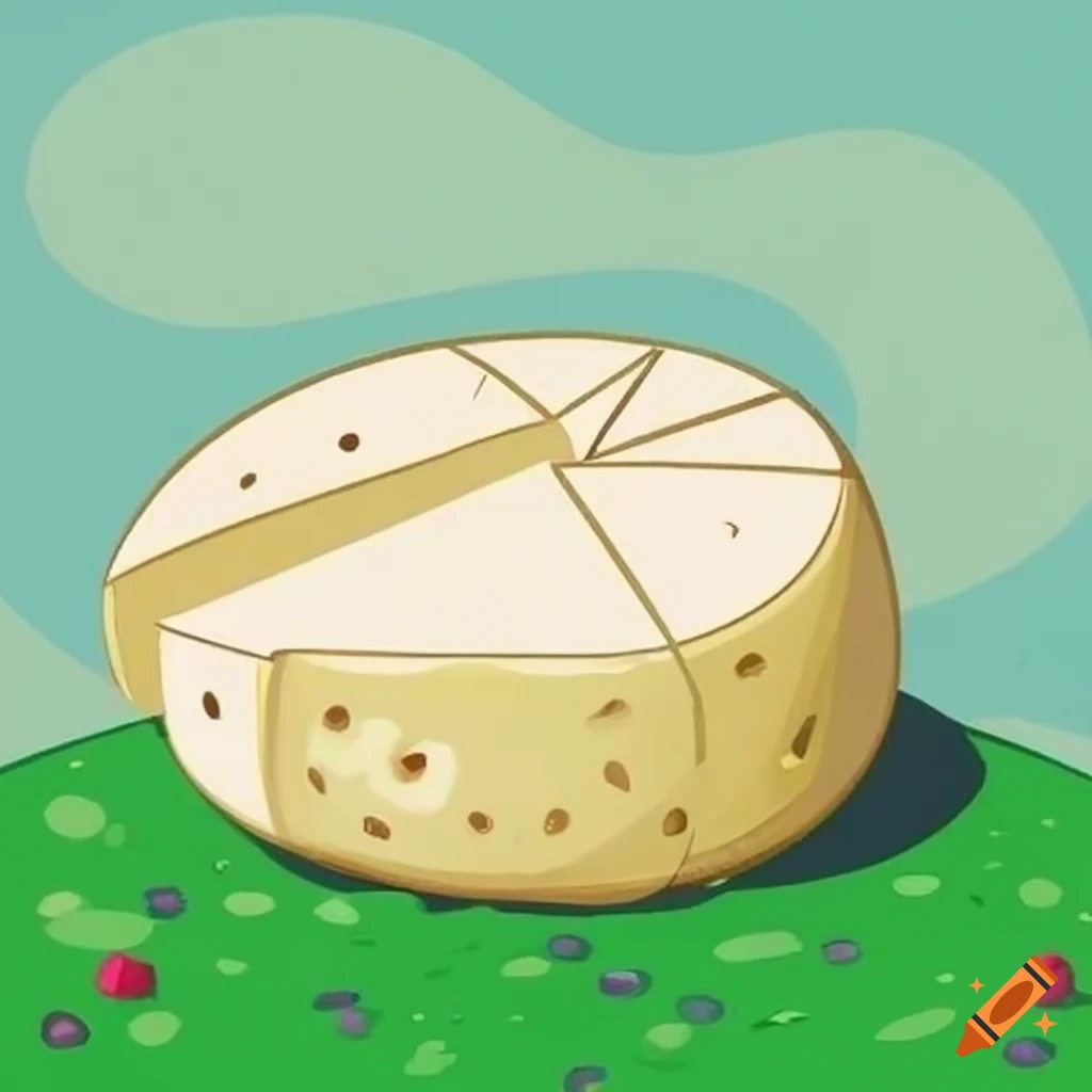 Giant brie cheese on a lawn, cartoon style