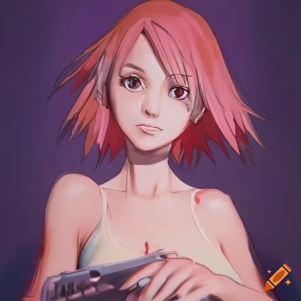 Haruko haruhara from flcl holding a scythe from soul eater anime, by isaac  quek (30%), by studio ghibli (50%), by ilya kuvshinov (20%), masterpiece,  highres, 4k, digital art, anime style