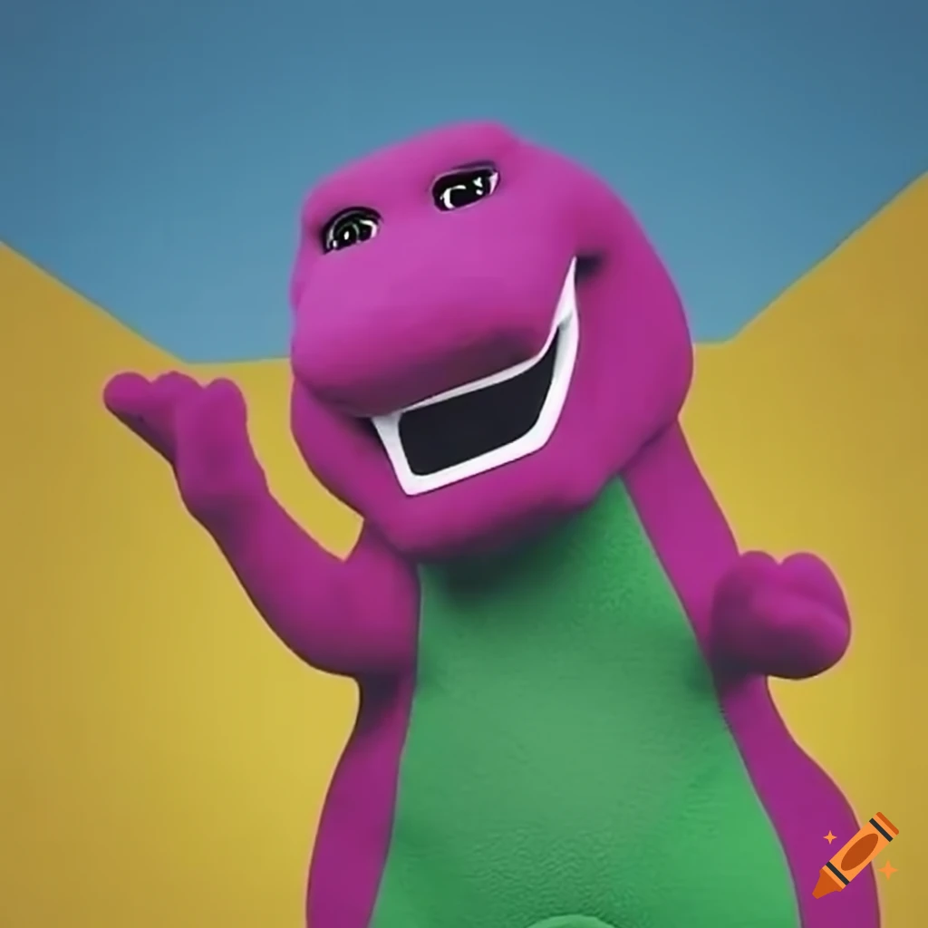 Barney the dinosaur shaking hands with teletubbies