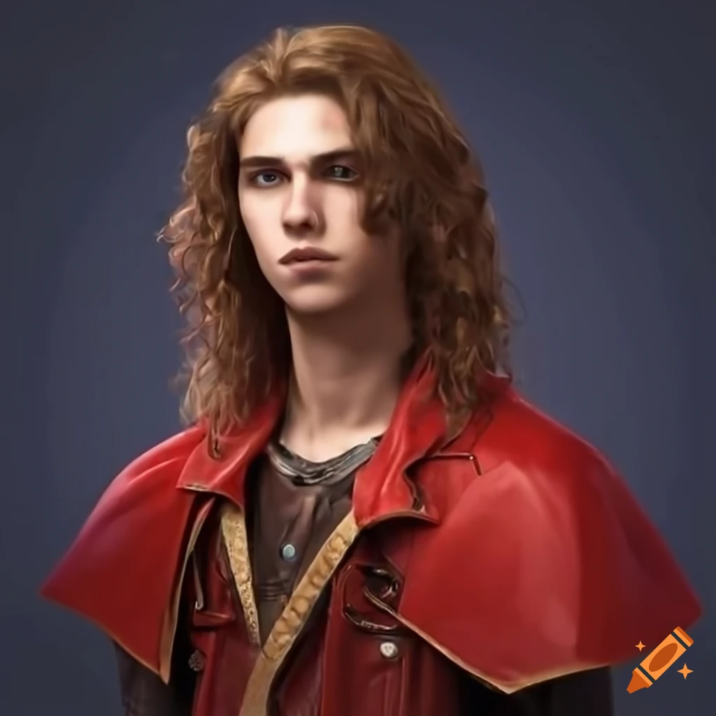 Young pretty male human wizard with long brown hair, wearing a large bright red cloak over a leather vest and tight leather pants