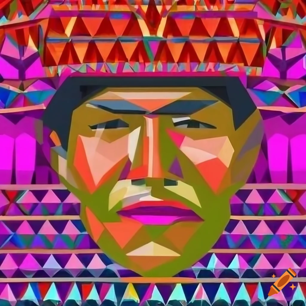Geometric artwork made of colorful triangles. close-up of a handsome ...