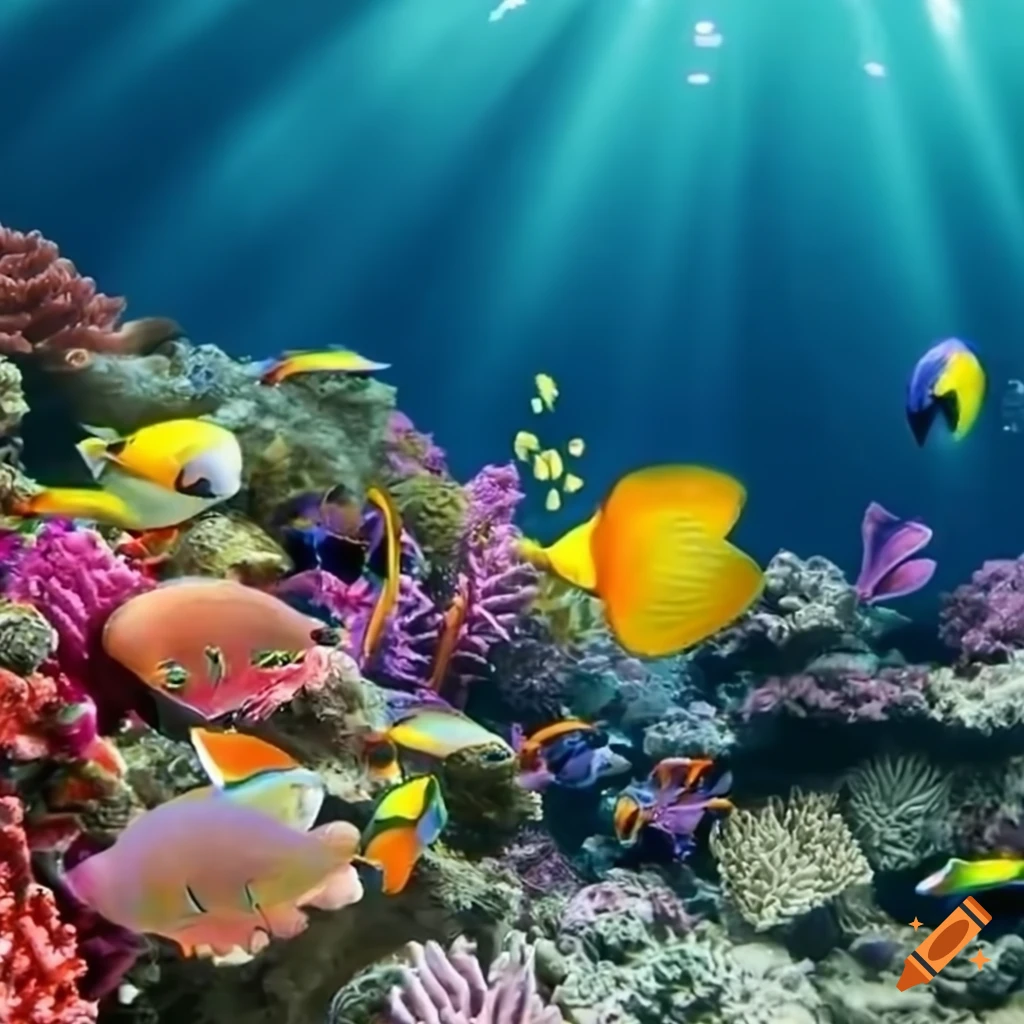 "Create a stunning underwater scene with vibrant coral reefs, tropical fish, and a hidden treasure chest