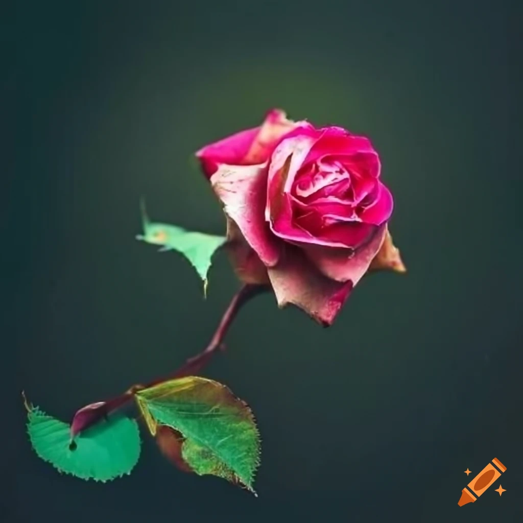 A single bush rose with leaves and petals bent and decayed on Craiyon