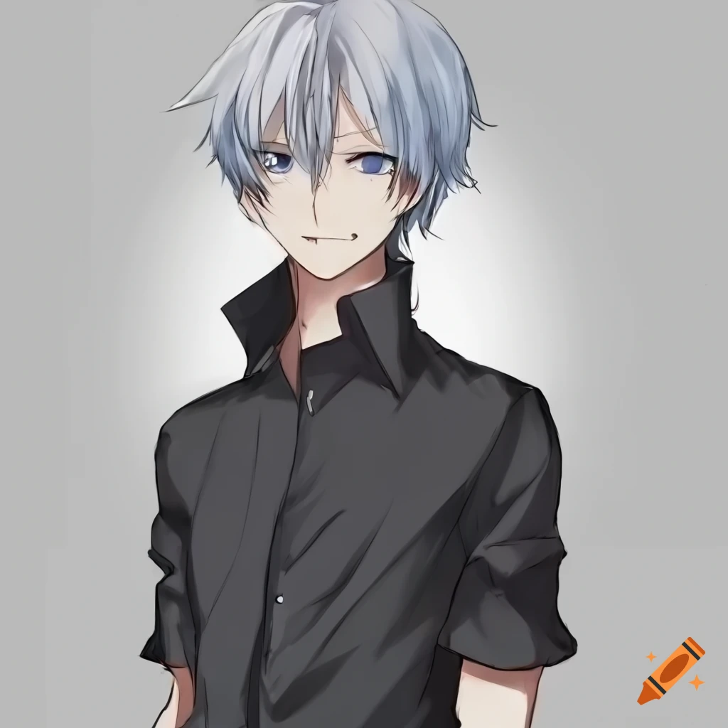 Anime boy with white and blue hair in black clothes on Craiyon