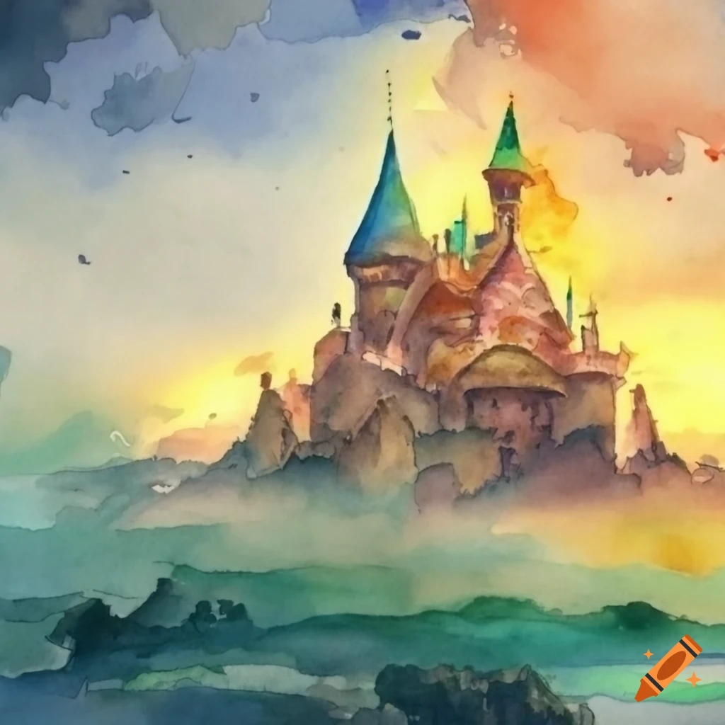 A watercolor painting of a castle in a fantasy setting on Craiyon