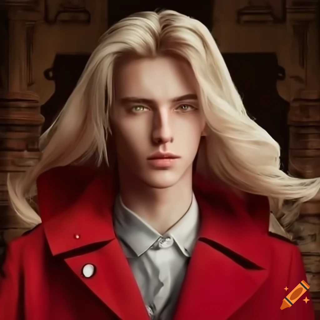 Cody fern age 20 with long majestic blonde hair wearing a red trench