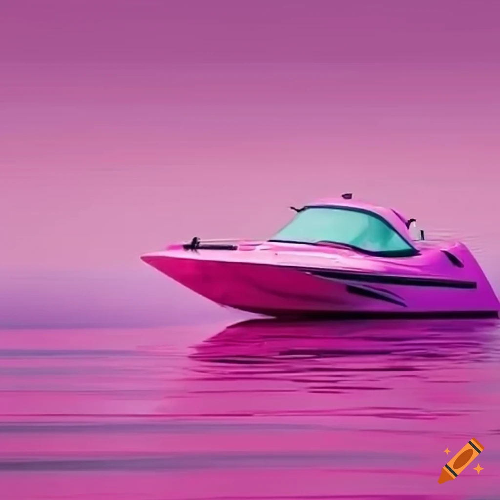 Draw a realistic photo of a speedboat with a sunset in the background