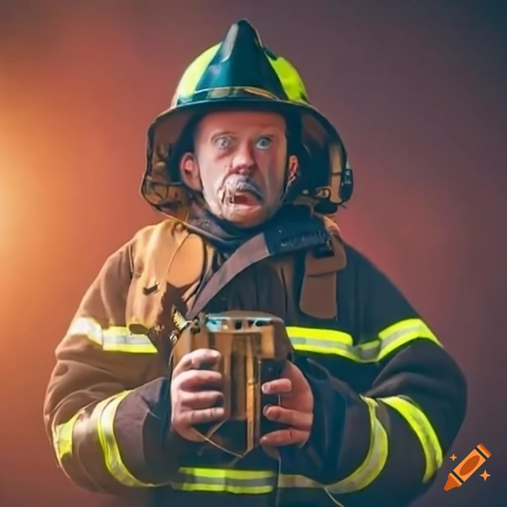 A firefighter wearing a puzzled expression during training on Craiyon