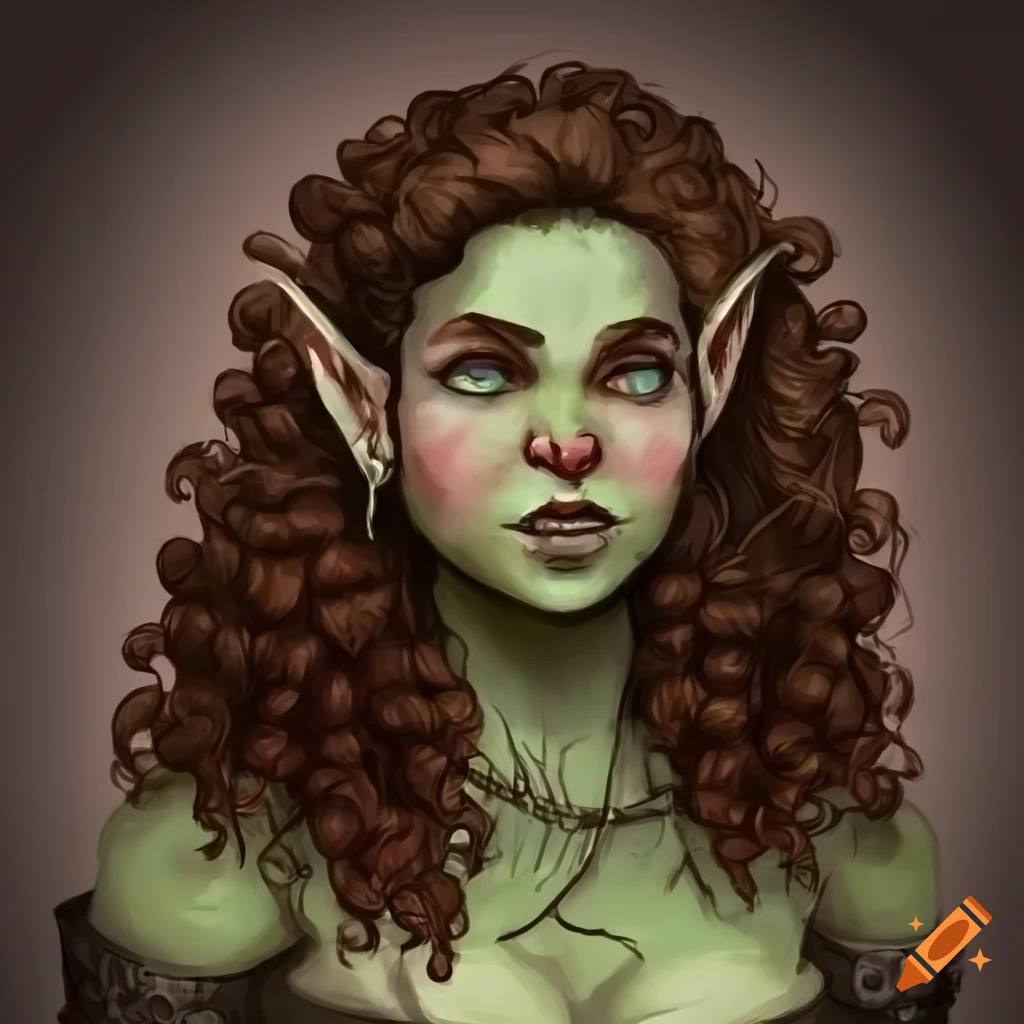 A chubby, female half orc, half elf with curly dark brown hair