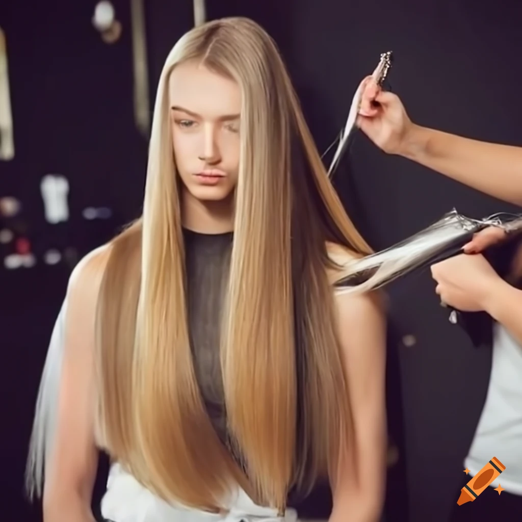 Blonde model getting her long, straight hair trimmed by a stylist while