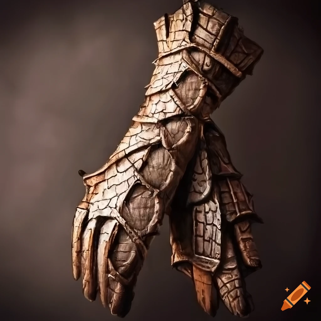 Gloves made of bark and vine, in the style of a dungeons and dragons armor