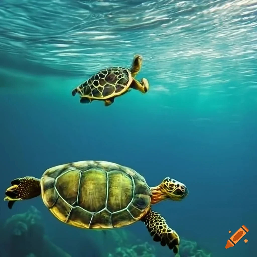 3 turtles in an underwater theme, main colors green and blue on