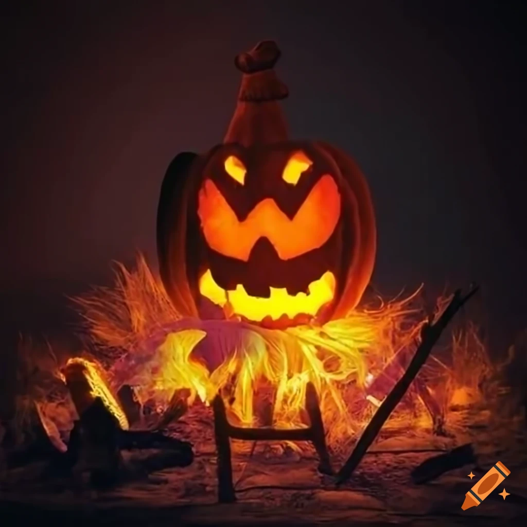 Festive pumpkin puppet surrounded by glowing bonfires in a forest on ...