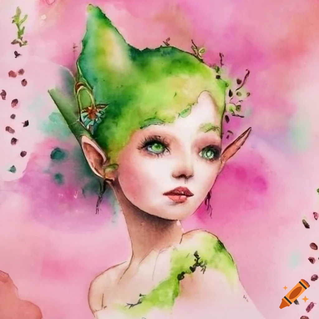 Watercolour pink and green pixie clipart fairytale fantasy image for