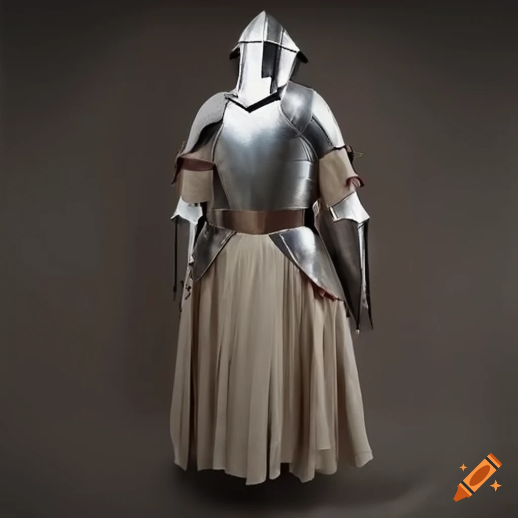 A dress that looks like a medieval armour including helmet on Craiyon