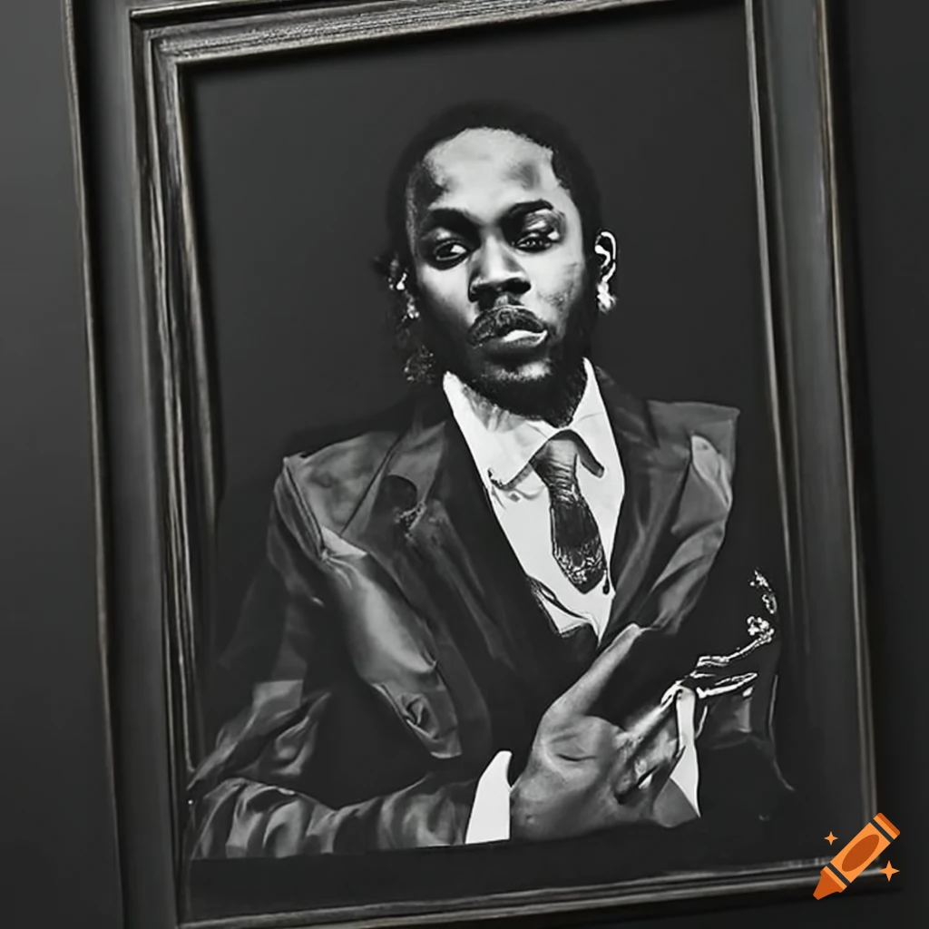 Kendrick lamar wearing a suit made of his album covers made of tpab