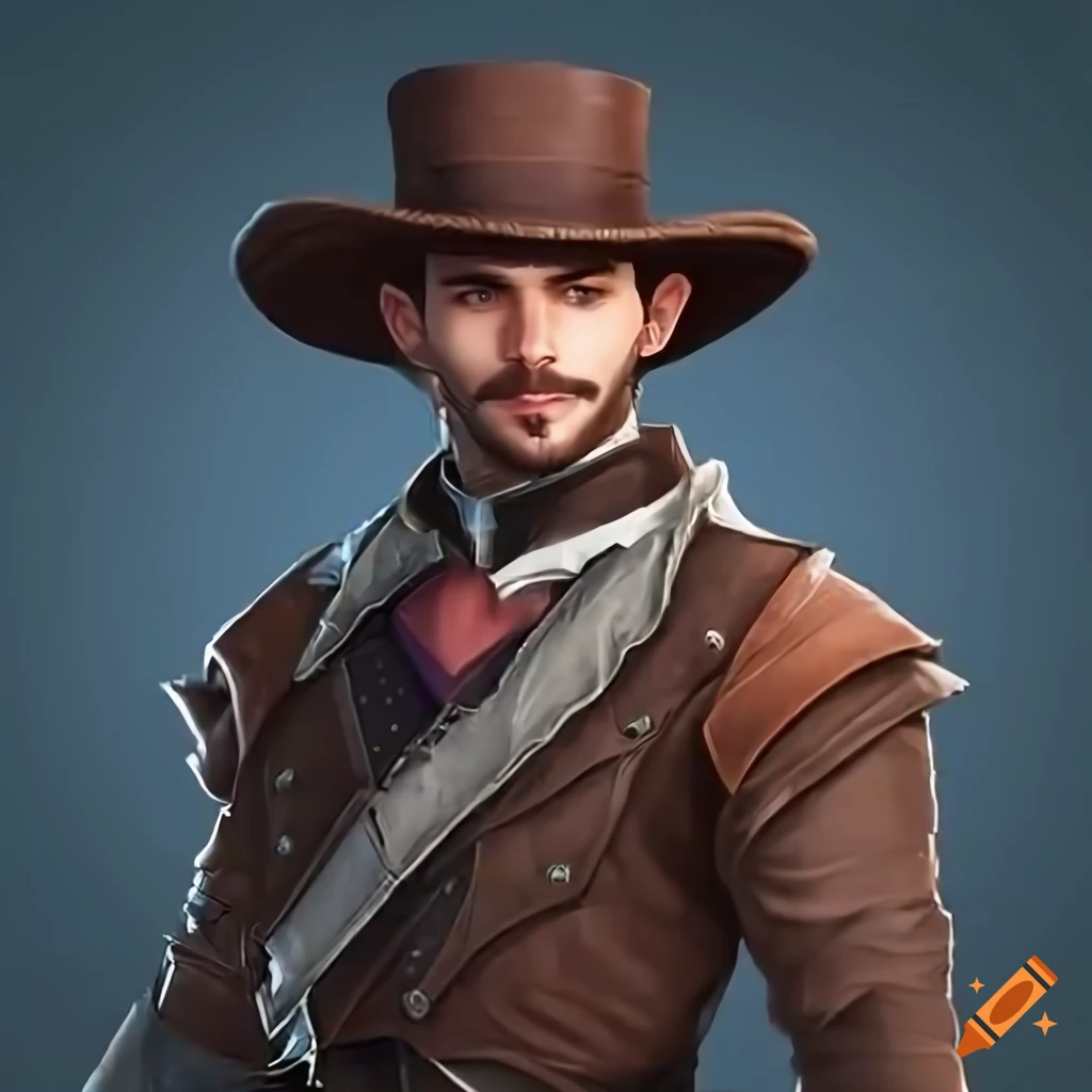young handsome dnd male gunslinger, wearing Victorian top-hat and leather-armor in the style of "Dungeons & Dragons", flintlock gun, portrait, 4k, high-detailed