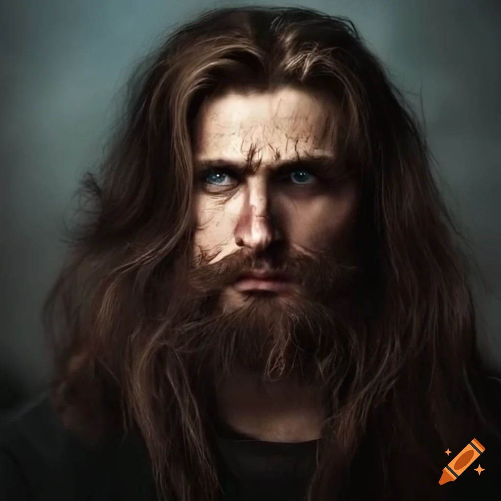 A german man with shaggy long dark brown hair and beard, very fit and ...