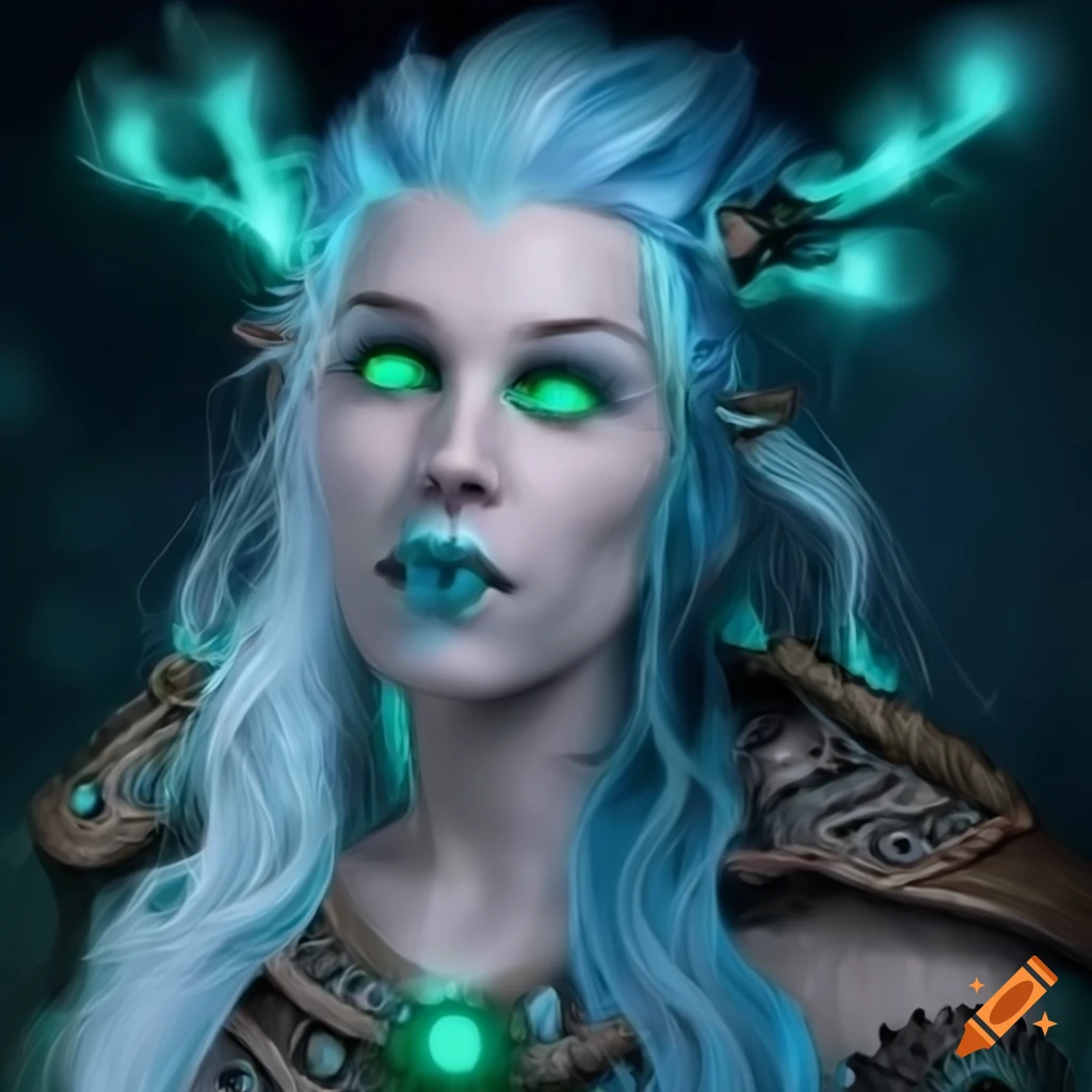 Air Genasi Tempest Druid With Light Blue Skin And White Hair With One Green Streak That Is 