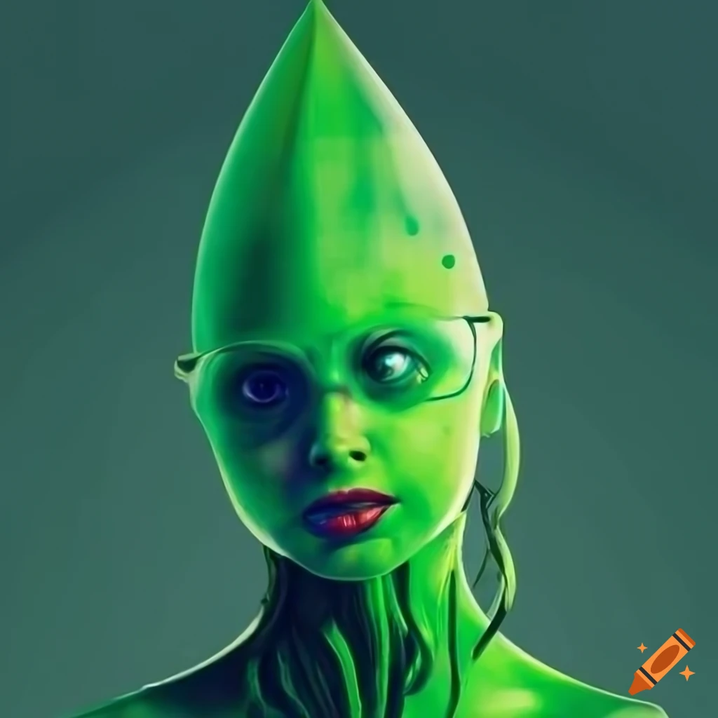 Science fiction poster, beautiful green female nerd holds a green squid