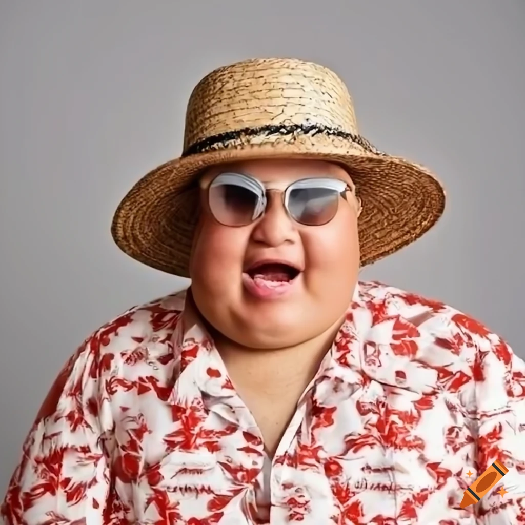 Fat man wearing sunglass, straw hat and hawaiien shirt; smiling