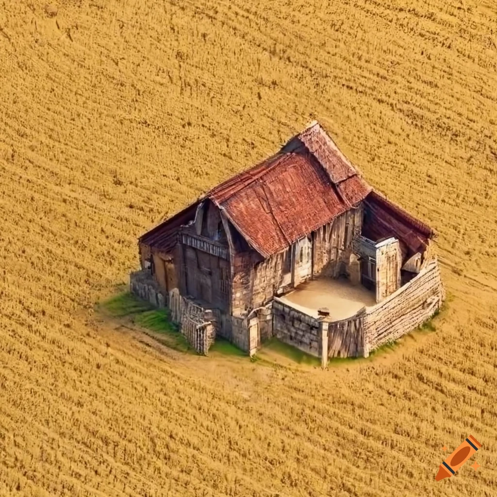 Bird s Eye View Of A Small Medieval Farm Building Surrounded By Fields bird-s-eye-view-of-a-small-medieval-farm-building-surrounded-by-fields