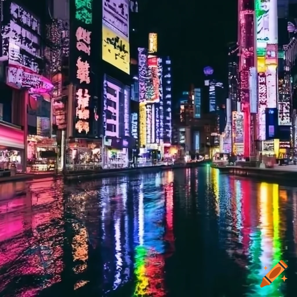 A city that blends tokyo and seattle. with rgb lights