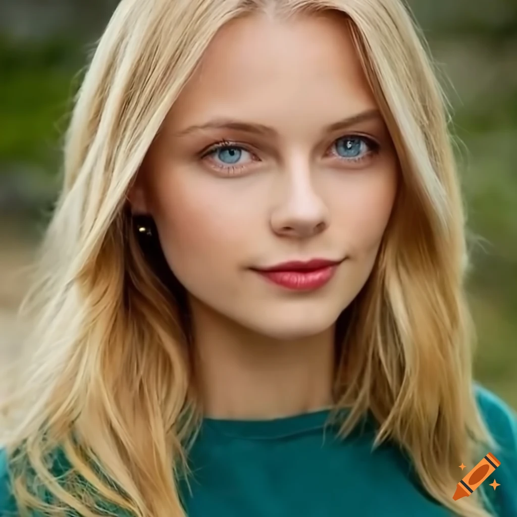 Life Like Portrait Of A Pretty Swedish Blonde Girl With Big Eyes Casual Attire Realistic Eyes