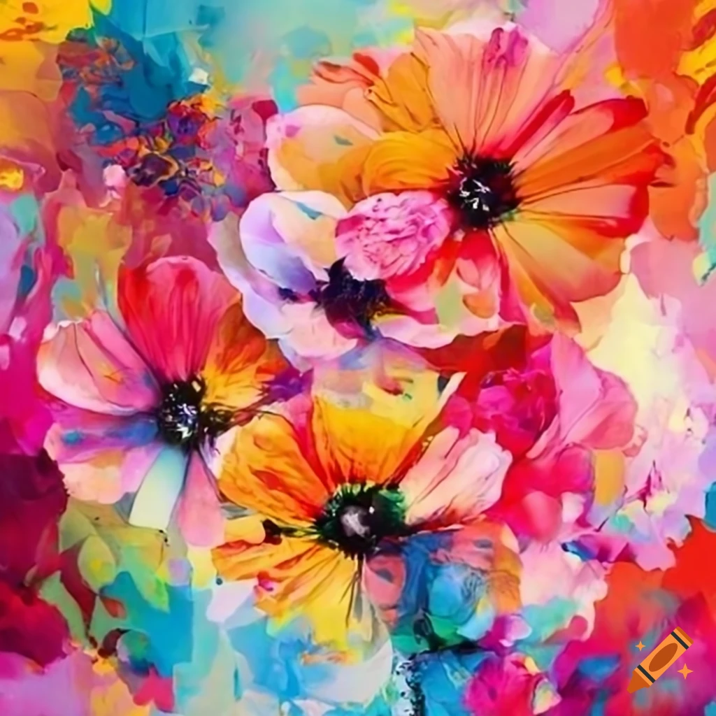 Floral collage, painting, bright colors, high definition, layered