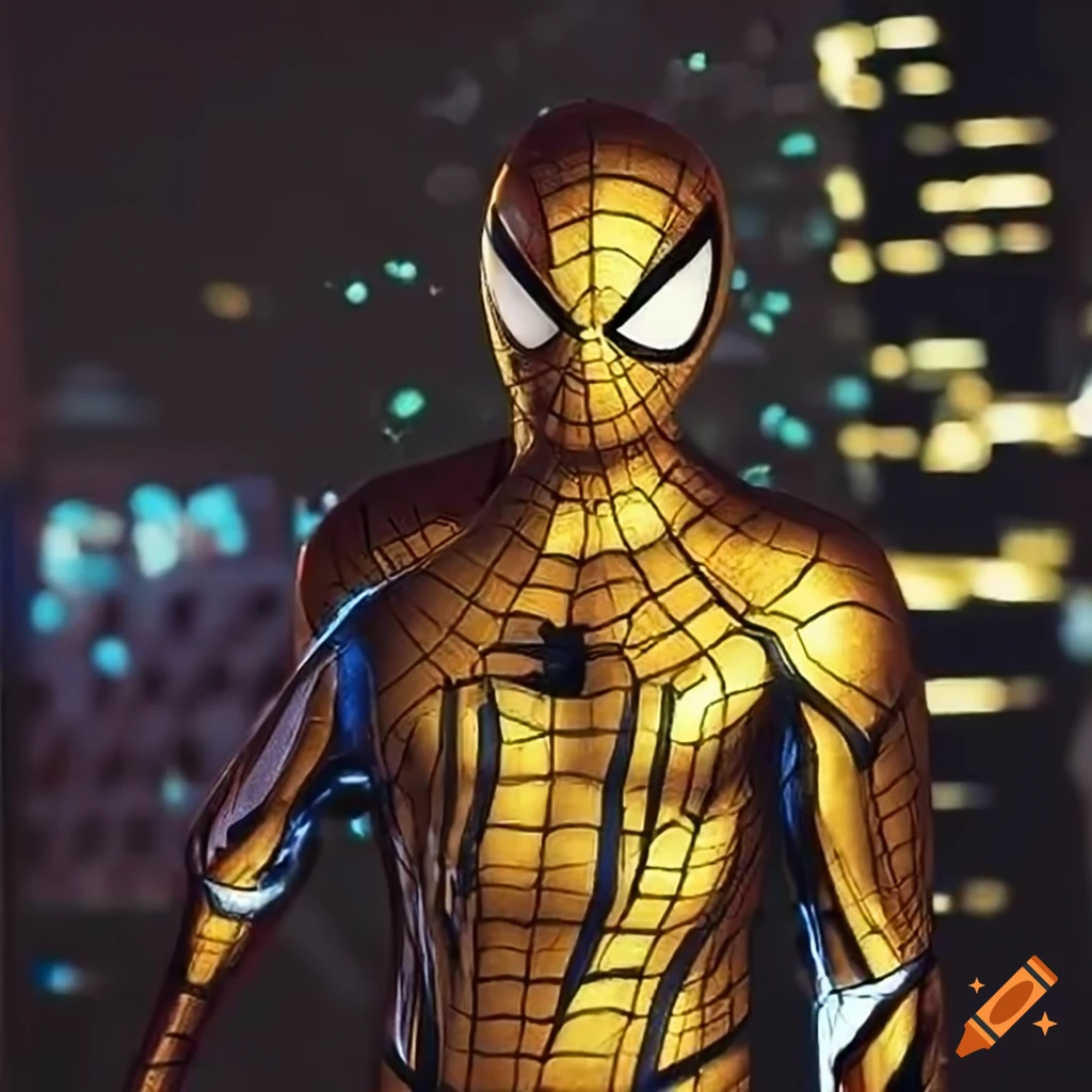 Color photo of a gold spiderman, a superhero in a golden suit with black  eyes and webbing details. the scene takes place in a futuristic city at  night, with neon lights and