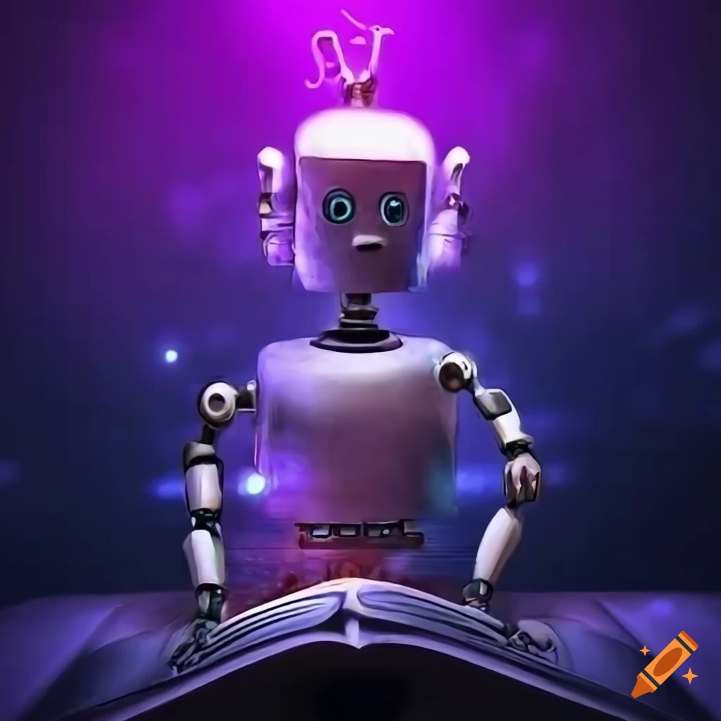 A robot standing on a giant book that is filled with pictures, the