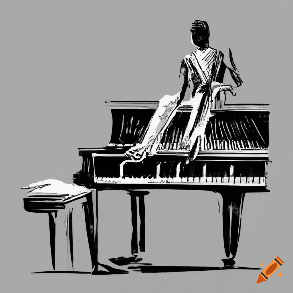vintage minimalist drawing of a black human-like male figure sorrounded by a piano and violin with white worn out paper background and black pencil strokes
