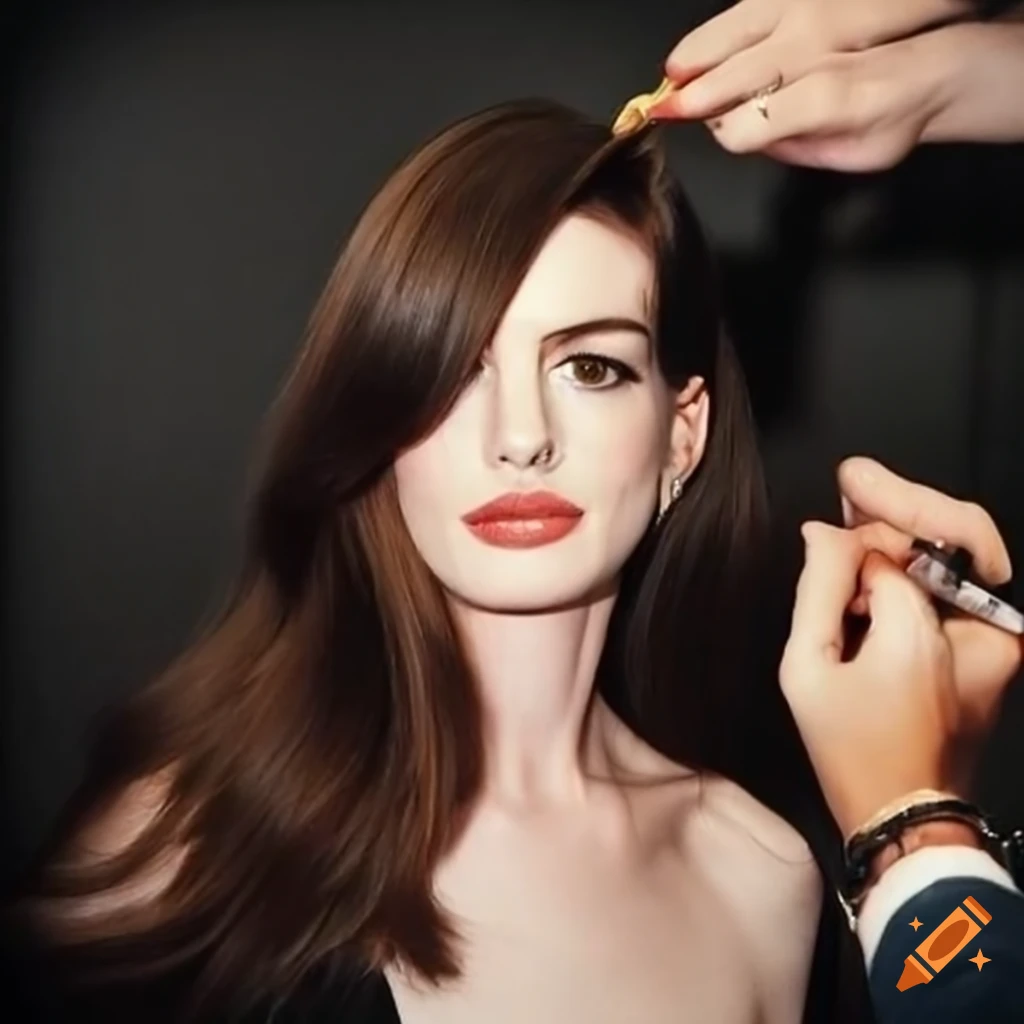 Anne hathaway getting her long, straight hair trimmed by a stylist