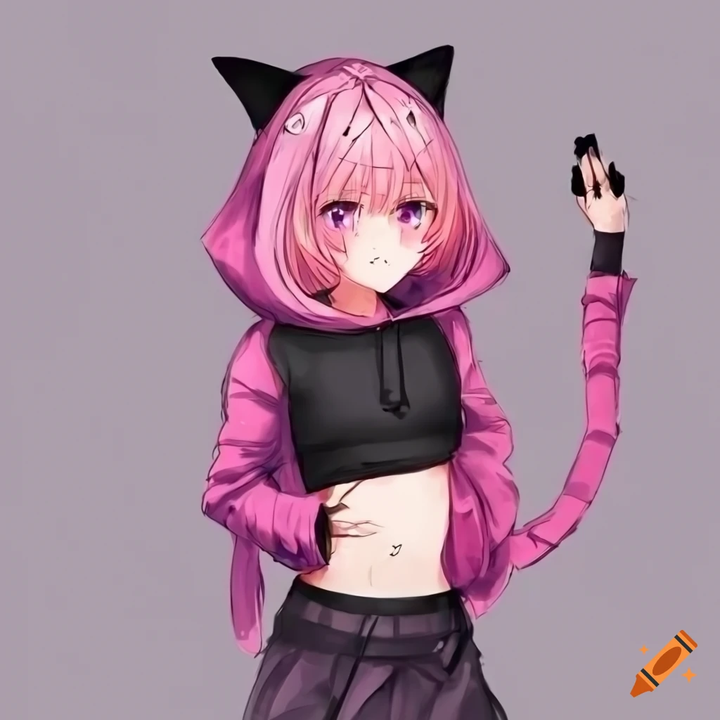 Short full body anime cat girl in a black hoodie, pink and purple