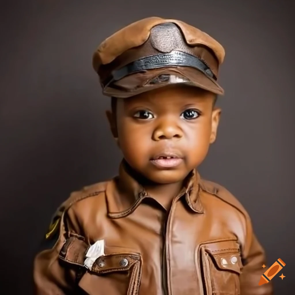 Black toddler boy wearing light brown police leather shirt and police leather shorts with