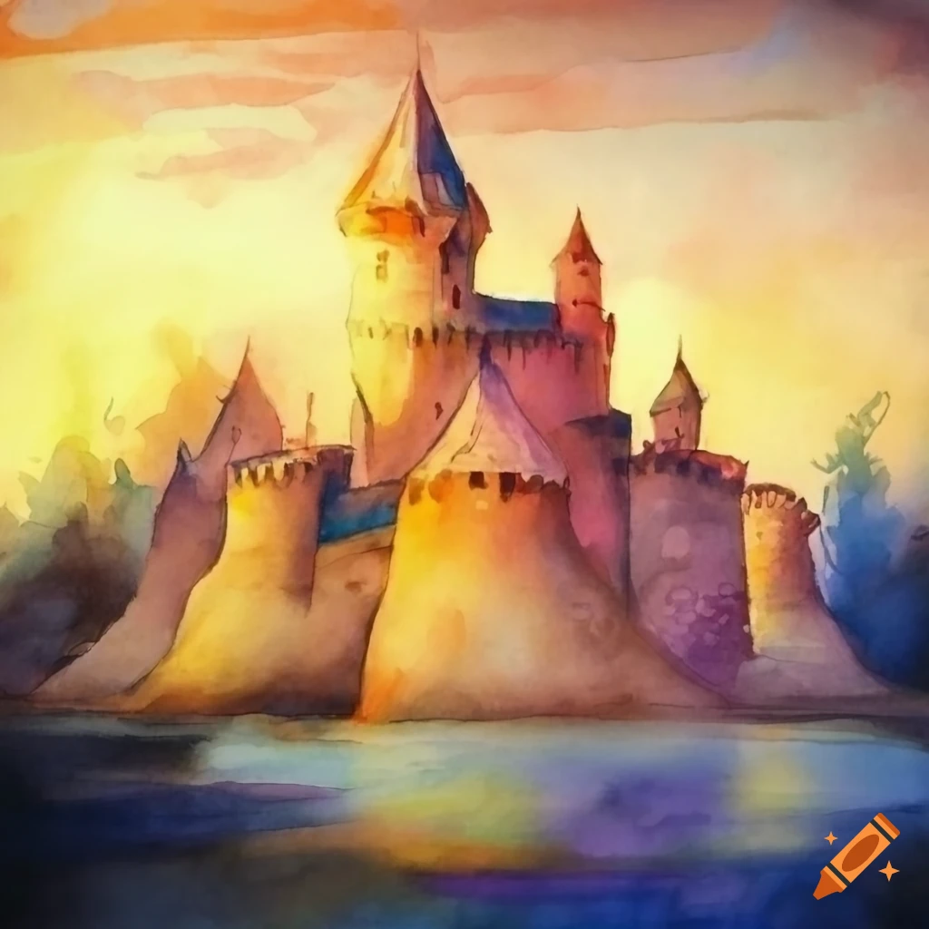 A watercolor painting of a castle in a fantasy setting