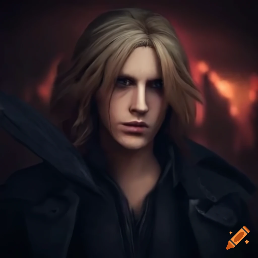 Cody fern with long blonde majestic hair cosplsying as dante from devil may  cry 3 ,ultra realistic, dark castle background, hd