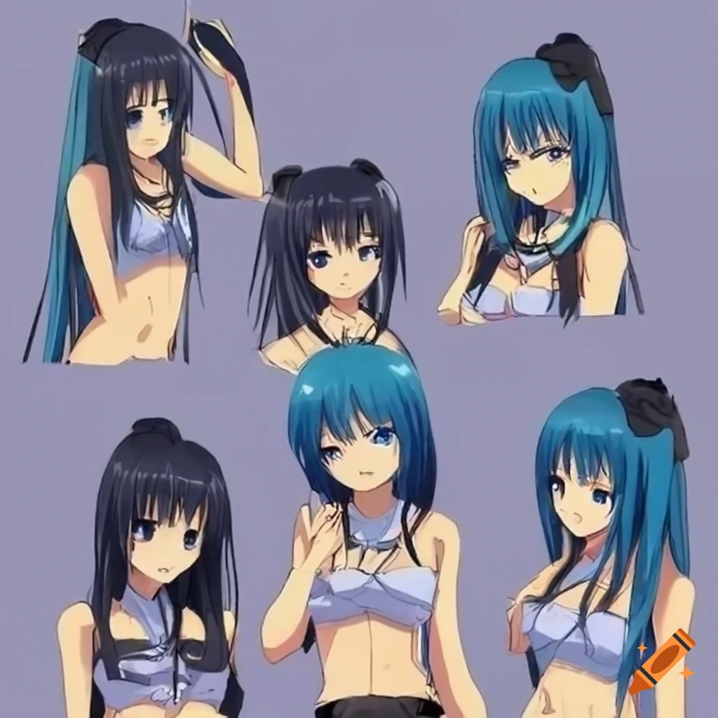 A group of 10 dark blue haired anime girls posing in a bedroom