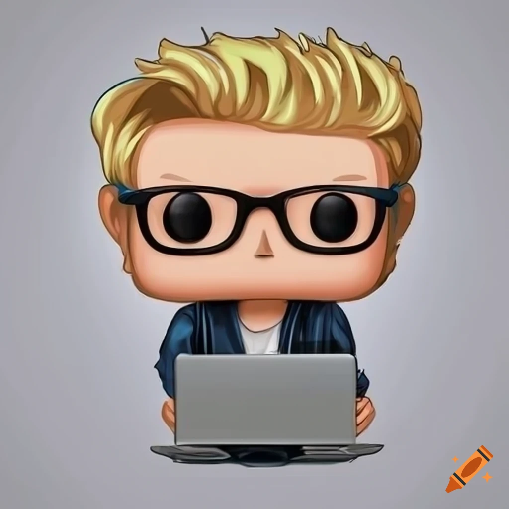 A cheerful funko pop-style drawing of a tech guy holding a laptop, blonde  hair, wearing eye glasses on Craiyon
