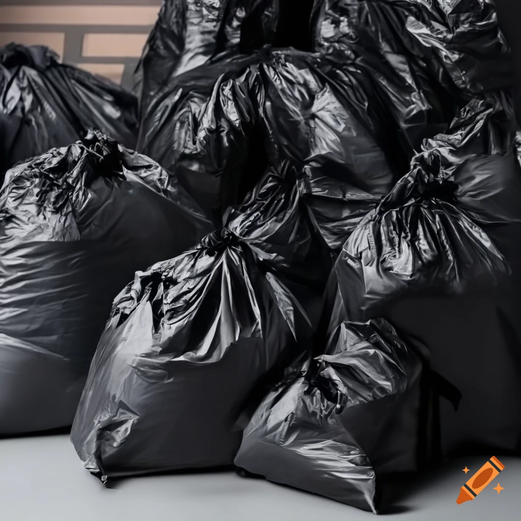 An pile of 9 black garbage bags piled on the floor of a corporate office  setup on Craiyon