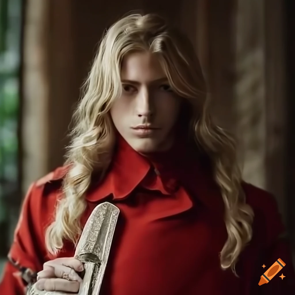 Cody fern age 20 with long majestic blonde hair wearing a red trench coat wielding a silver sword, castle interior background, HD, close up