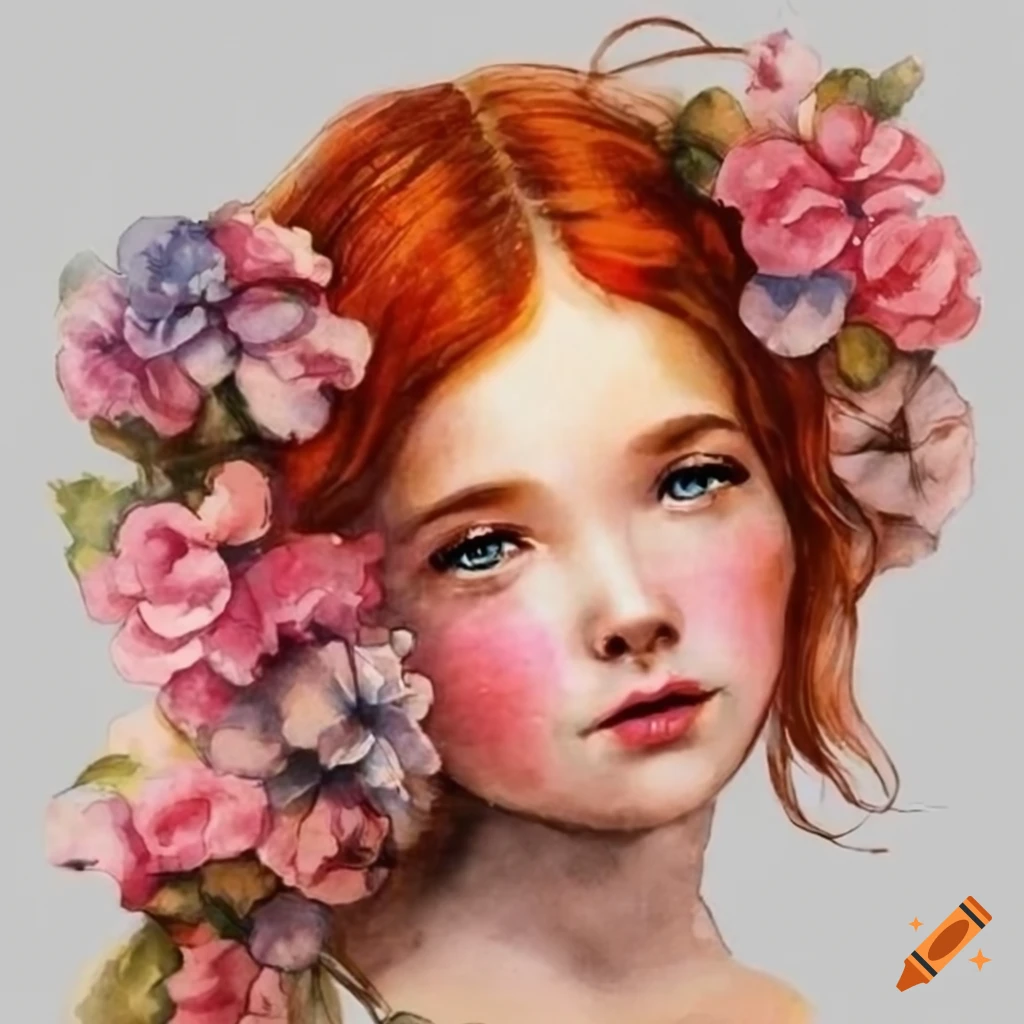 Watercolour vintage day dreamer clipart red haired girl png digital