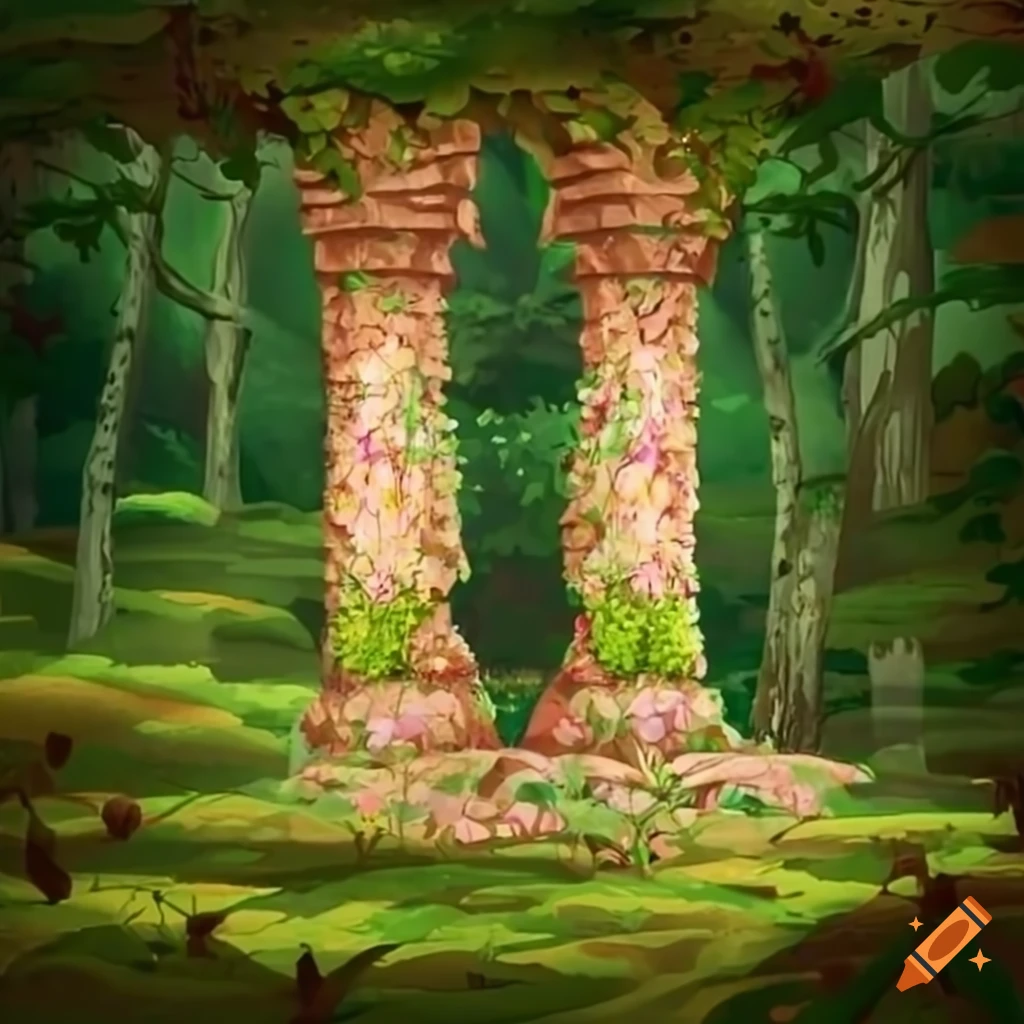 Two rock pillars covered with flowers in a forest
